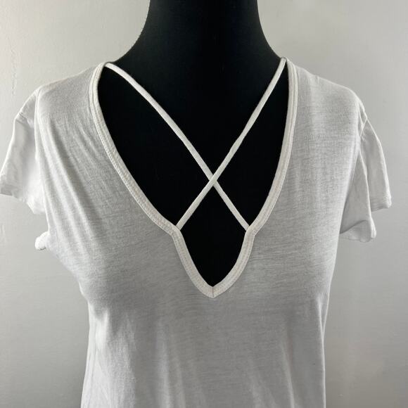LNA White Cotton Crisscross Split V-Neck Short Sleeve Casual T-Shirt Top Size S - Picture 2 of 8